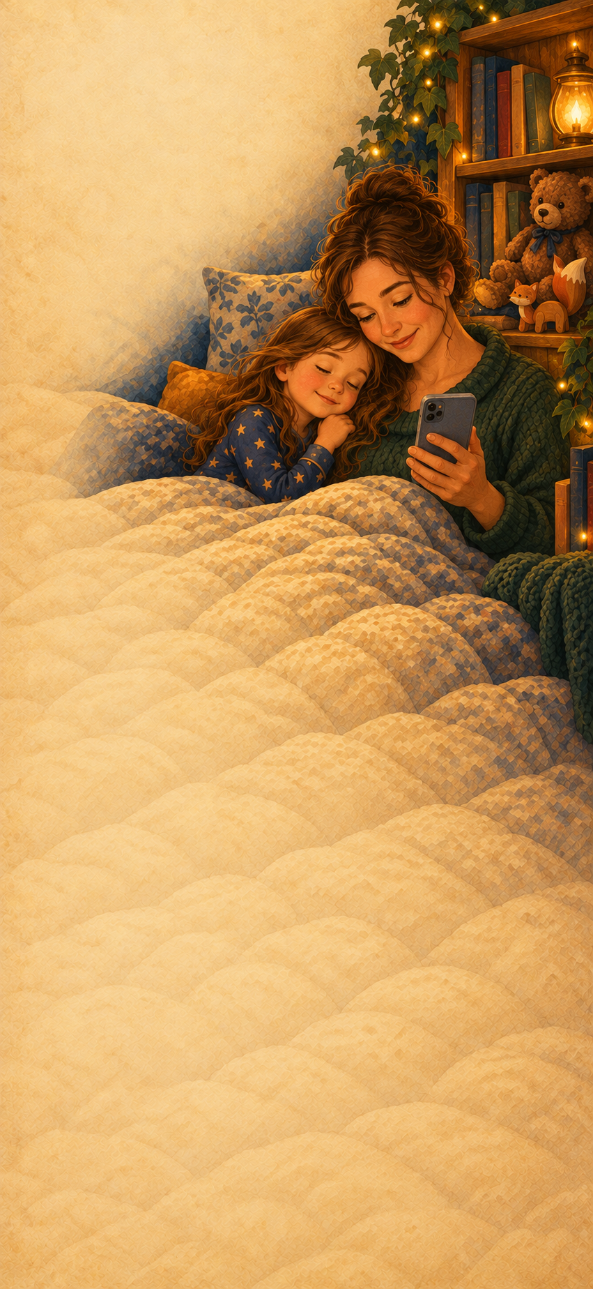 Storybook illustration of a mother reading aloud as her child cuddles beside her.